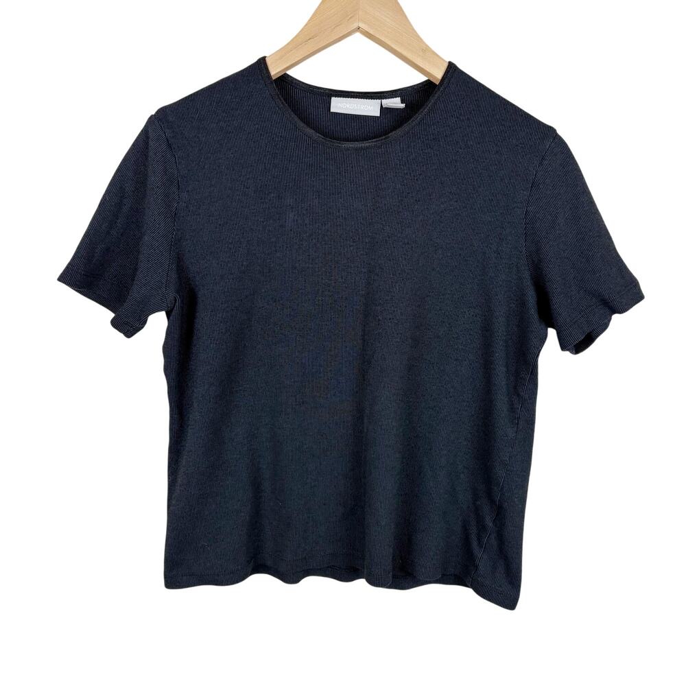 Vtg Y2K Nordstrom Ribbed Knit Short Sleeve Top Gray Womens Size M Made in USA